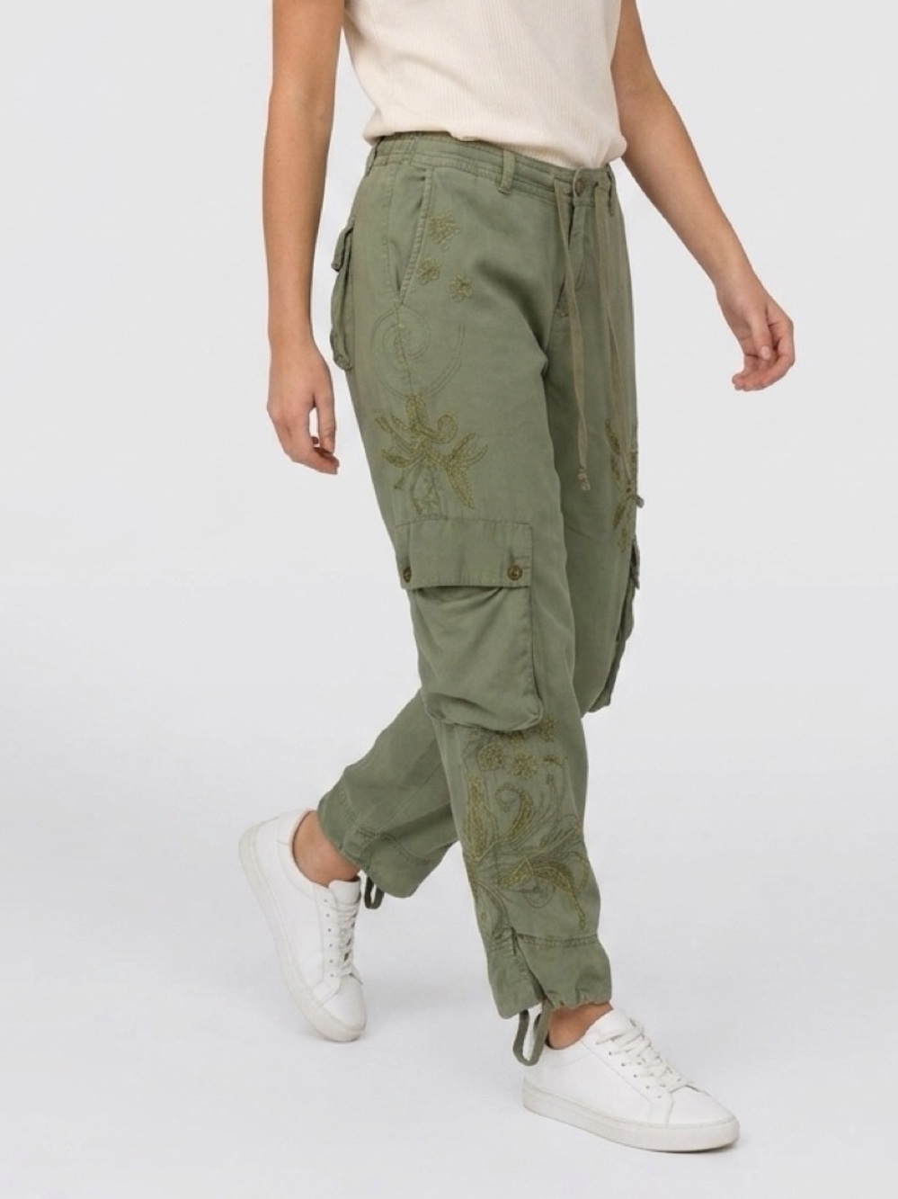 Olive Embroidered Cargo Jogger Pants - Women